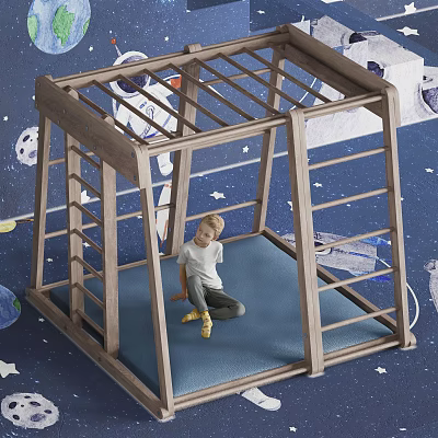 Wooden Play Structure With Blue Mat Space Themed Design For Kids Playground 3d model