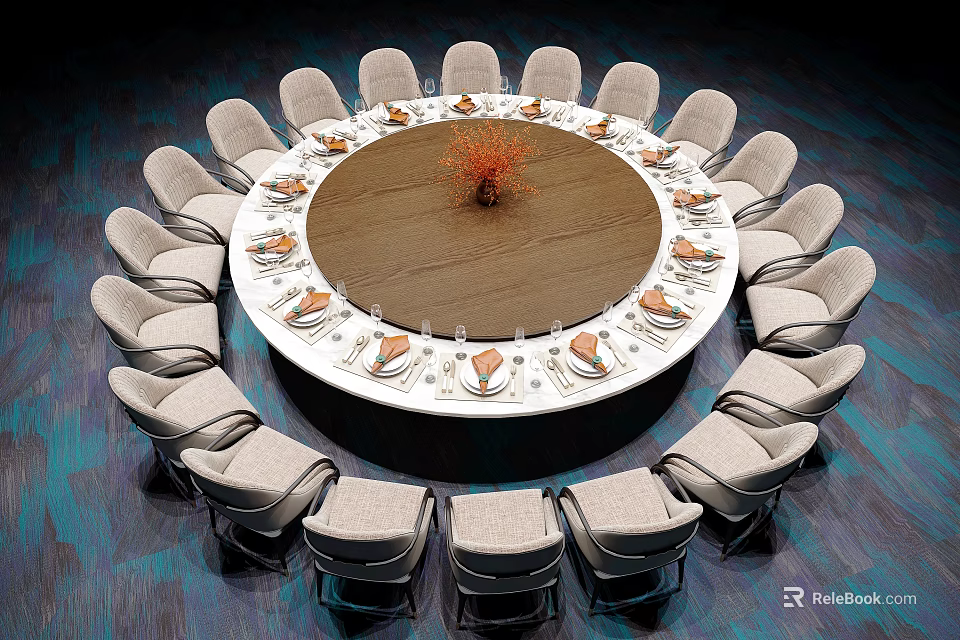 Round Dining Table Set With Wooden Tabletop Surrounded by Chairs Tableware Place Settings And Centerpiece 3d model 