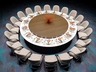 Round Dining Table Set With Wooden Tabletop Surrounded by Chairs Tableware Place Settings And Centerpiece 3d model