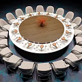 Round Dining Table Set With Wooden Tabletop Surrounded by Chairs Tableware Place Settings And Centerpiece