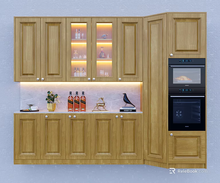 Wooden Wine Cabinet Featuring Glass Doors LED Lighting Wine Bottles And Kitchen Decor 3d model 