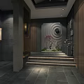 Traditional Chinese Elevator Hallway Interior With Wooden Lattice Red Wall And Pendant Lamp