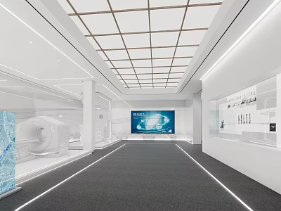 Modern Exhibition Hall Interior With Glass Display Cases Large Digital Screen Lighting And Carpeted Floor 3d model