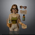 Fashionable Figure Wearing Glasses Holding Drink Cup Social Media Sign Vitamin Bottle And Card