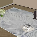 Square Rug with Blue and White Wavy Patterns on Wooden Floor Featuring Vase White Flowers and Magazines
