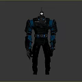 Futuristic Sci Fi Character In Black Blue Mech Suit With Weapon And Armor