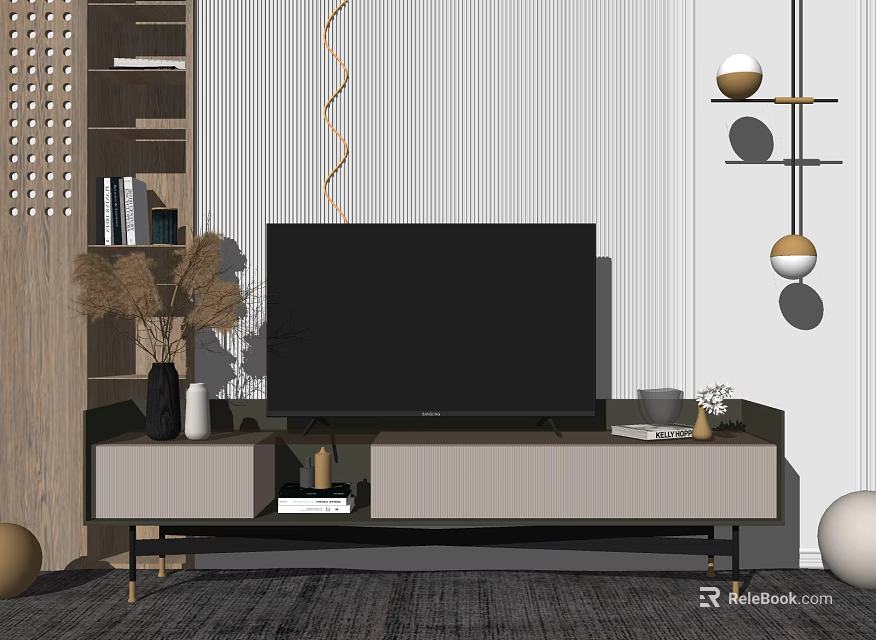 Modern Minimalist TV Stand With Flat Screen TV Decorative Vases Books And Wall Decor 3d model 