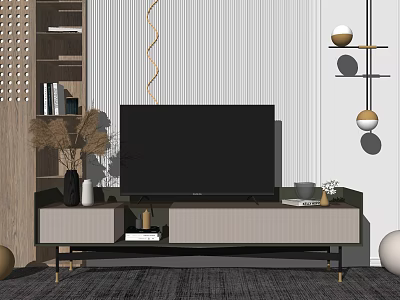 Modern Minimalist TV Stand With Flat Screen TV Decorative Vases Books And Wall Decor 3d model