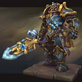 Detailed 3D Warrior Character In Blue Gold Armor Holding Axe Weapon Standing On Pedestal