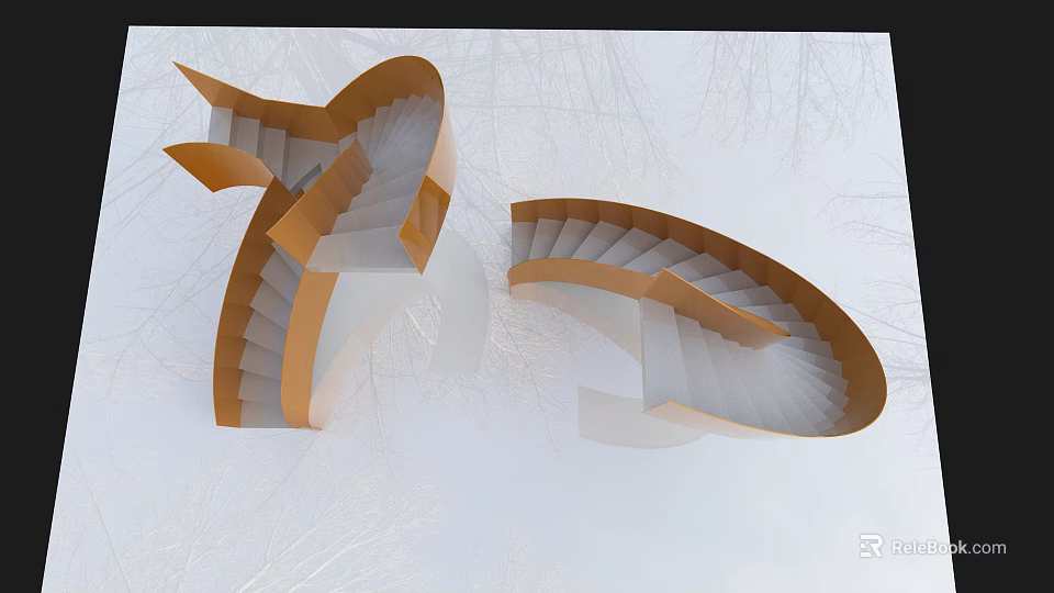 Two Spiral Staircases Architectural Model With Orange White Curved Structure 3d model