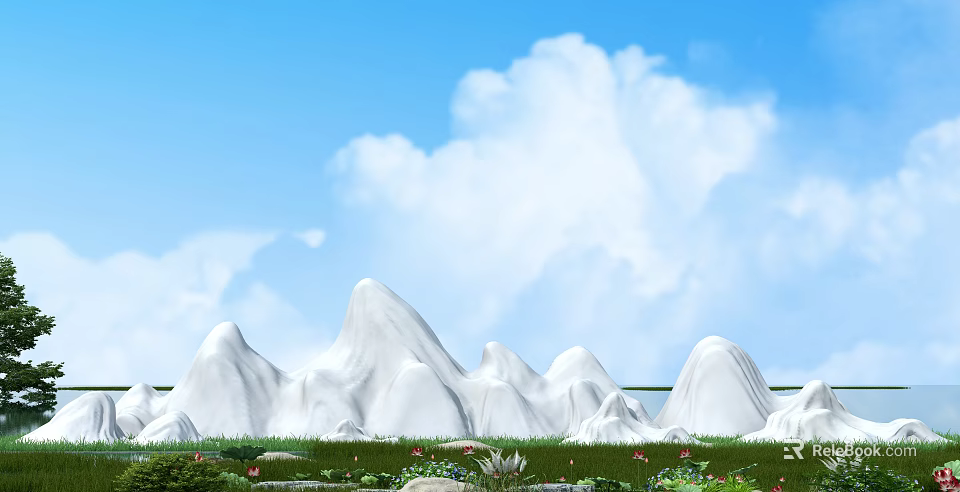 Garden Ornaments With White Rock Formations Green Lawn And Red Flowers Under Blue Sky 3d model 