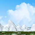 Garden Ornaments With White Rock Formations Green Lawn And Red Flowers Under Blue Sky