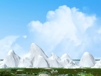 Garden Ornaments With White Rock Formations Green Lawn And Red Flowers Under Blue Sky 3d model