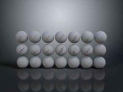 White Textured Spheres Arranged In Three Rows Seven Columns On Gray Gradient Background With Reflections 3d model