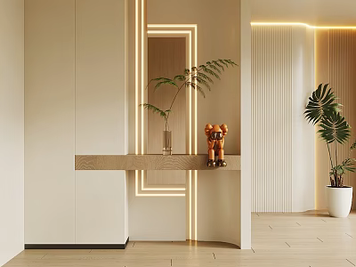 Modern Interior Partition With Illuminated Edges Console Table And Potted Plants 3d model