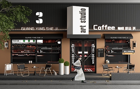 Coffee shop door front outdoor table and chair folding window light box light board outdoor chair awning potted plant 3d model