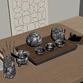 Stylish Black Ceramic Tea Set With Teapot Cups And Tray On Wooden Table