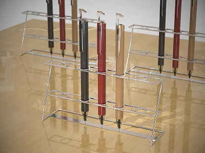 Different Colored Pens Placed in Metal Pen Holders on Wooden Table 3d model
