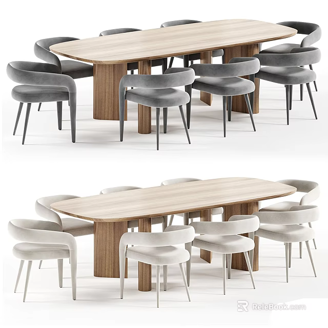 Modern Rectangular Wooden Dining Table with Grey White Upholstered Chairs Set 3d model