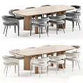 Modern Rectangular Wooden Dining Table with Grey White Upholstered Chairs Set 3d model