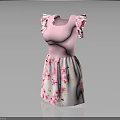 Elegant Pink Dress with Ruffle Sleeves and White Base Pink Floral Pattern
