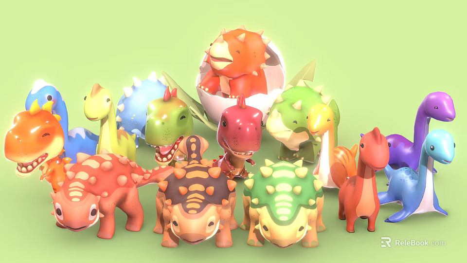 Colorful Cartoon Reptile Dinosaurs with Various Colors Shapes and One in Eggshell 3d model 