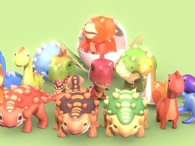 Colorful Cartoon Reptile Dinosaurs with Various Colors Shapes and One in Eggshell 3d model