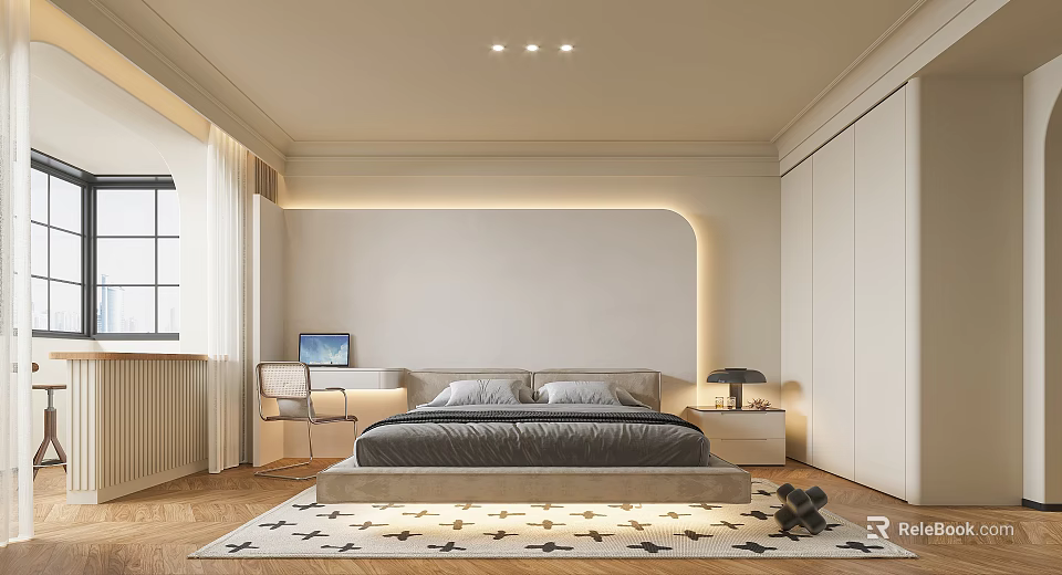 Modern Bedroom Interior Design With Illuminated Headboard Wall Grey Bed Wooden Flooring And Rug 3d model 
