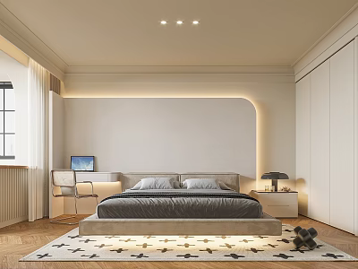 Modern Bedroom Interior Design With Illuminated Headboard Wall Grey Bed Wooden Flooring And Rug 3d model
