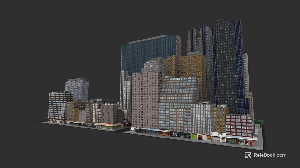 Urban Building Cluster With Tall Low Rise Buildings Glass Brick Facades And Street Shops 3d model 