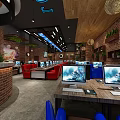 Modern Cybercafé Interior With Red Chairs Multiple Computers Brick Walls And Green Plants