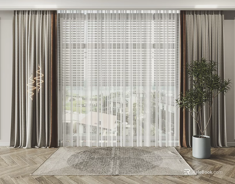 Sheer And Panel Curtains In Modern Interior With Window View Rug And Plant 3d model 