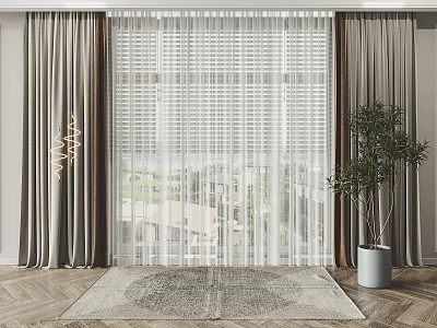 Sheer And Panel Curtains In Modern Interior With Window View Rug And Plant 3d model