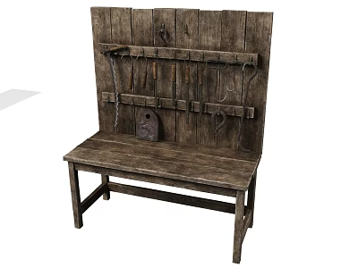 Rustic Wooden Bench With Wall Mounted Tool Rack And Hanging Tools 3d model