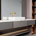 Modern Bathroom Vanity With Marble Countertop Mirror And Illuminated Gold Accent Shelves