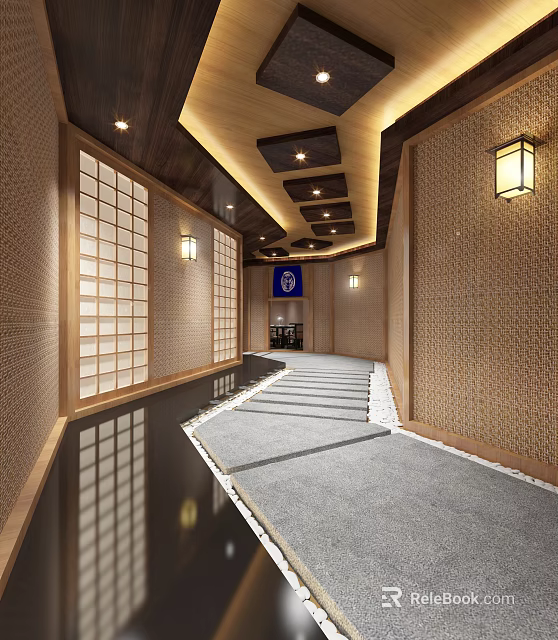 Elevator Corridor With Wooden Ceiling Shoji Screens And Lantern Wall Lights 3d model 