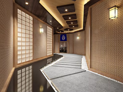 Elevator Corridor With Wooden Ceiling Shoji Screens And Lantern Wall Lights 3d model