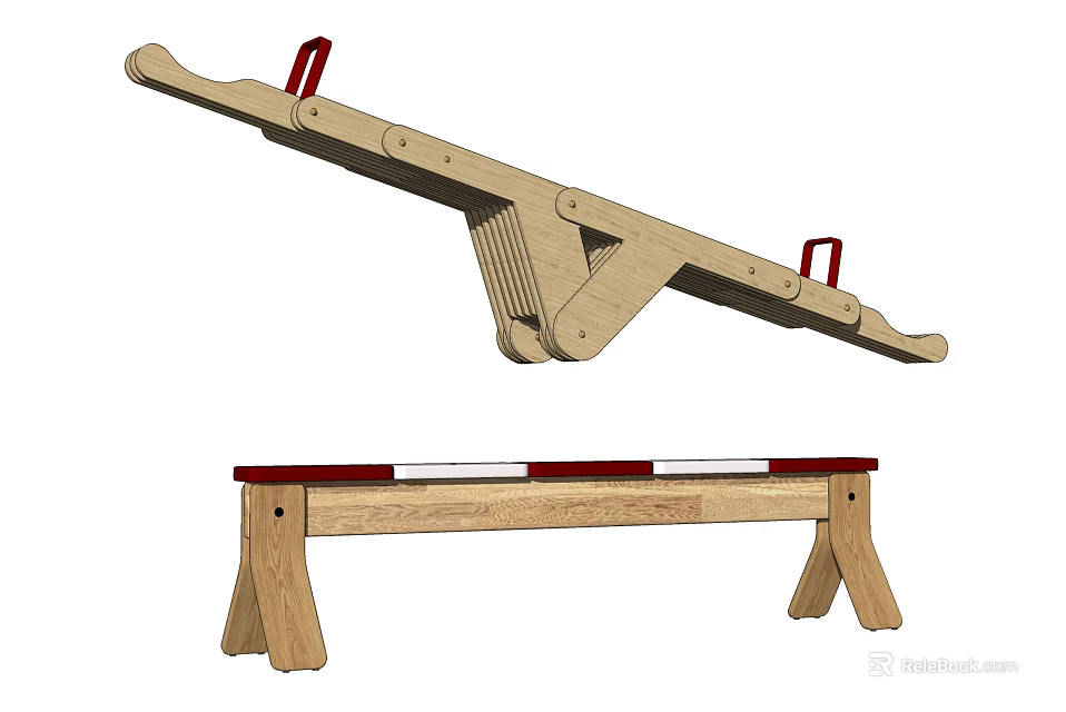 Wooden Seesaw With Red Handles And Bench With Red White Stripes 3d model 