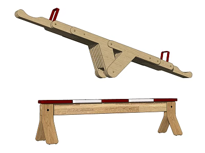 Wooden Seesaw With Red Handles And Bench With Red White Stripes 3d model