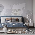Kids Room Interior With Adventure World Map Blue Bed Bookshelf And Desk