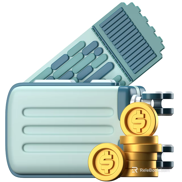 Stylish Decorative Ornament Set with Light Blue Suitcase Gold Coins and Striped Square Patterned Ticket 3d model 
