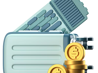 Stylish Decorative Ornament Set with Light Blue Suitcase Gold Coins and Striped Square Patterned Ticket 3d model