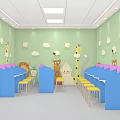 Children's Activity Room With Light Green Walls Cloud Animal Patterns Blue Desks Yellow Chairs