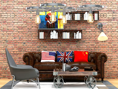 Brown Leather Sofa And Metal Coffee Table Set With Flag Themed Cushions Against Brick Wall 3d model