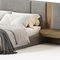 Modern Double Bed with Upholstered Headboard Pillows Blanket and Nightstand in Neutral Tones Design