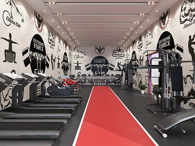 Modern Fitness Gym Interior With Treadmills Weightlifting Equipment Red Running Track And Decorative Wall Art 3d model