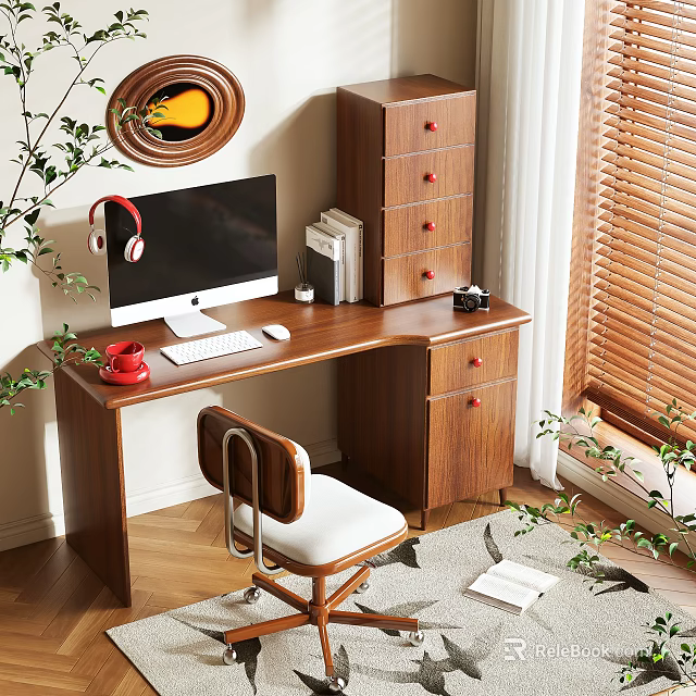 Modern Wooden Desk with Computer Monitor Keyboard Red Cup Headphones Camera Bookshelf and Green Plants 3d model 