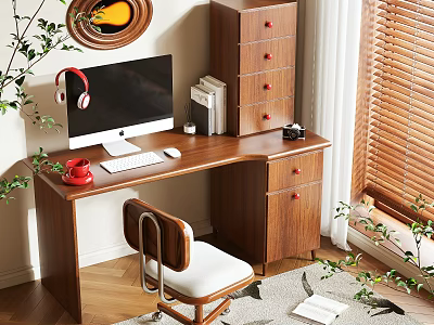 Modern Wooden Desk with Computer Monitor Keyboard Red Cup Headphones Camera Bookshelf and Green Plants 3d model