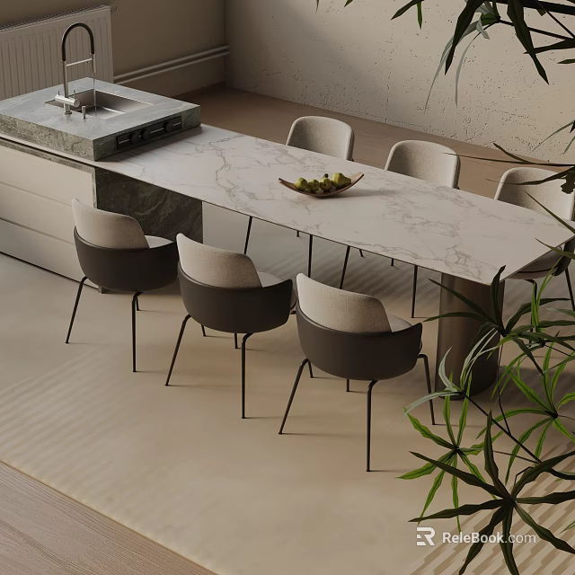 Elegant Modern Dining Table Set With Marble Top And 6 Grey Chairs 3d model 
