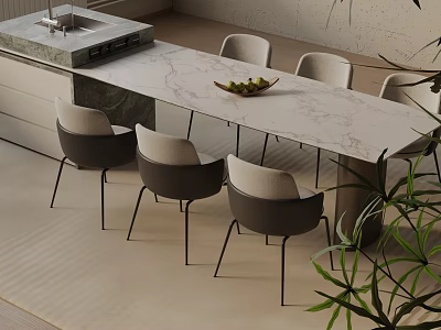 Elegant Modern Dining Table Set With Marble Top And 6 Grey Chairs 3d model